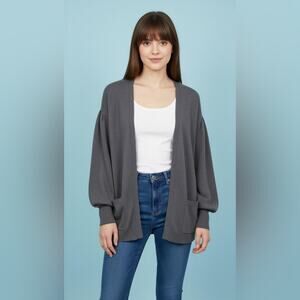 Hinge Size M Gray Knit Balloon Sleeve Open Front Cardigan Sweater Neutral Cozy